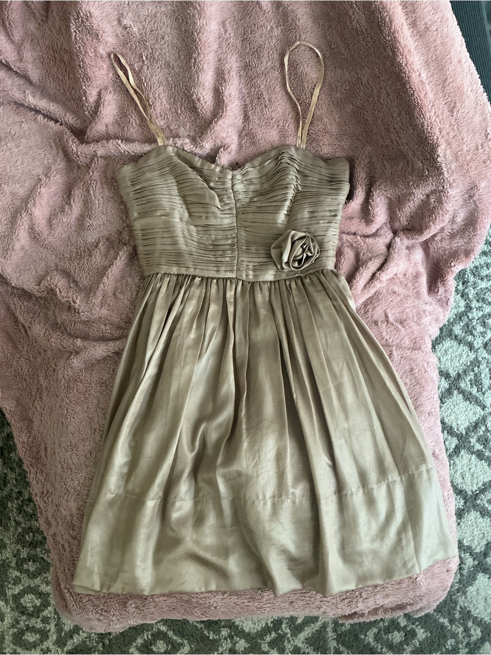 BCBGMaxAzria Beige Taupe Spaghetti-Strap Mini Dress with Rosette